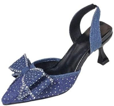 Klackskor damer eleganta blå, glitterpumps damer strass Slingback brudskor spets damskor med rosett strass slingpumps låg kattunge klack bröllopsskor