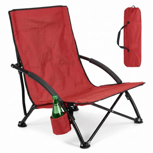 HomlyPro Low Folding Beach Chair, Pack of 1 - Portable Lightweight Camping Chair with Padded Armrest and Cup Holder, Convenient Carry Bag & High Mesh Backrest, Ideal for Picnic and Fishing (Red)