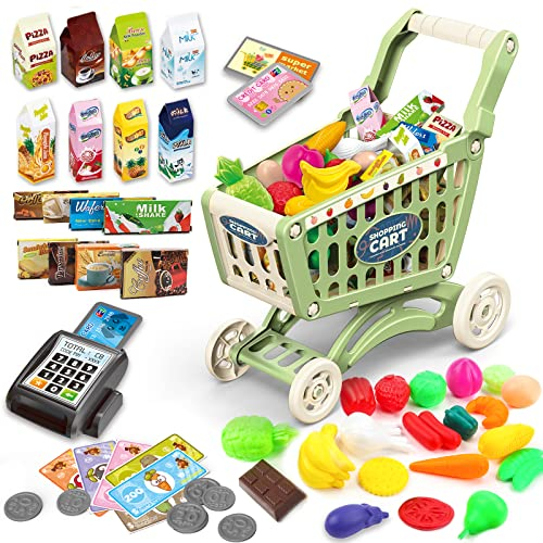 deAO Kinder Einkaufswagen Wagen für Lebensmittel Kleinkinder 65 Lebensmittel Obst Gemüse Pretend Play Lebensmittel Rolle Spielen pädagogisches Spielzeug Spielen Küche Spielzeug speichern playset Grün