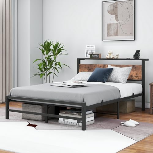 VERFARM Telaio letto in metallo con testiera di stoccaggio in legno, telaio letto con rete a doghe, per camera da letto, camera degli ospiti, facile da montare, senza rumori, 120 x 200 cm