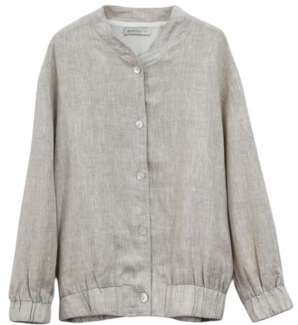 Amazhiyu Womens Linen Button Down Bomber Jacket Long Sleeve Casual Coat for Fall Flax, Large