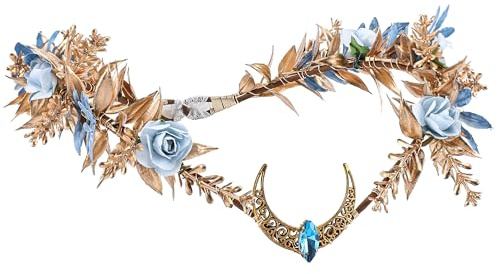 MOSTORY Gold Flower Moon Crown - Handmade Fairy Floral Headpiece Woodland Headband Forest Elven Circlet Elf Tiara for Renaissance Halloween Party Wedding Prom Cosplay