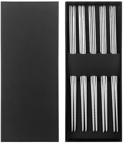 Brevanza 5 Paia Bacchette Cinesi Set, Bacchette 304 Acciaio Inox in Metallo, Chopsticks Sushi Giapponesi Riutilizzabili, Lavabili in Lavastoviglie, per Ristoranti e Famiglie