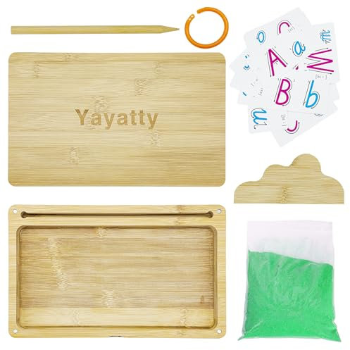 Yayatty Montessori Plateau de Sable, Bacs à Sable en Bois Montessori avec Couvercle, Table de Sable Educative Jouet avec Vert Sable, Stylo, Carte pour Les Enfants Ecriture Lettres et Chiffres, Dessin
