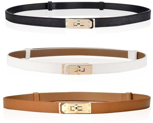 VEGCOO 3PCS Women Skinny Leather Belt, Adjustable Fashion Slim Thin Waistband Alloy Turn Lock Buckle Belt for Dress Jeans Pants Coat, Classic Solid Colors of Black White Caramel (Black White Brown)