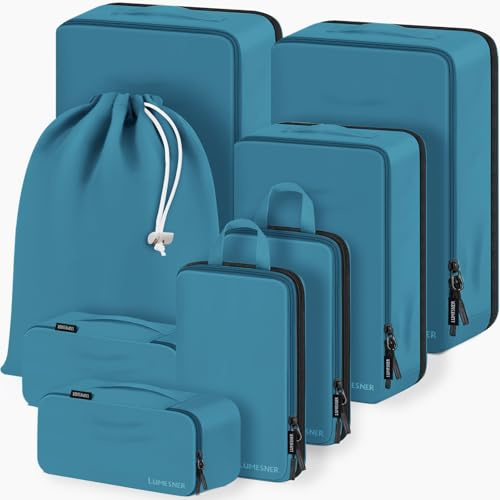 Compression Packing Cubes, Lumesner 8 Set Travel Essentials Packing Cubes for Carry on Suitcases, Compression Suitcase Organizers Bag Set & Travel Cubes (8-piece,Blue)
