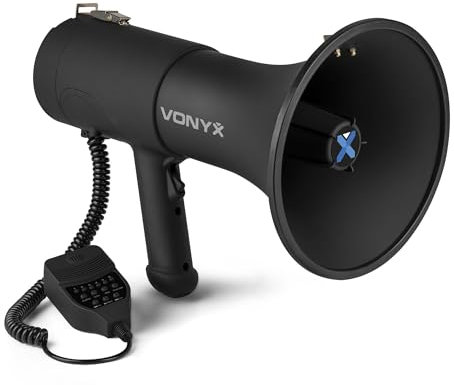 Vonyx MEG075 - Akku Megafon mit Sirene und Mikrofon, Bluetooth, Aufnahmefunktion, Leistungsstarkes 75W Megaphon mit Mikrofon, bis 1300 Meter, USB, SD, MP3 & AUX, Megaphon mit Umhänge-Gurt, Schwarz