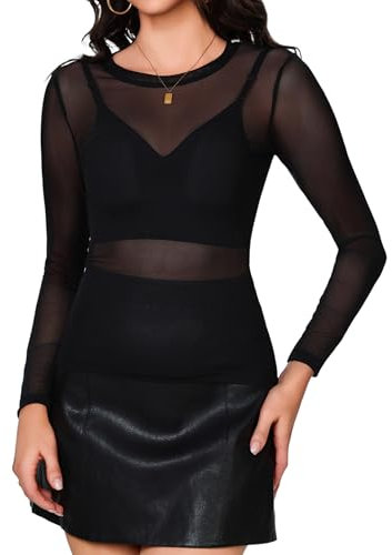 Aottori Netzoberteil Damen Mesh Top Langarm Transparent Netz Oberteil Slim Fit Netzshirt Rundhals Langarmshirt Tüll Eng Shirt Sheer Sommer Clubwear Party Schwarz S