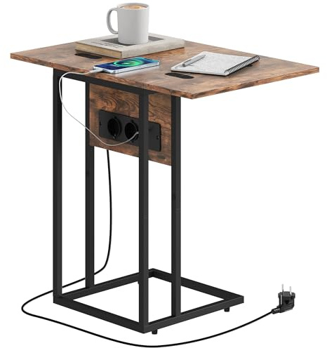HOMCOM Mesa Auxiliar con Encimera Plegable, Estación de Carga, Mesa Auxiliar para Sofá, Forma de C, con Puerto USB y USB-C, para Salón, Dormitorio, 39x29x57 cm, Marrón Rústico