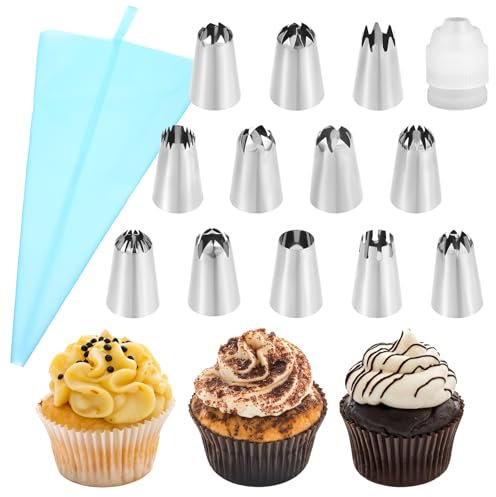 ElevateTech Set di 14 punte per tubazioni, accessori per decorare torte, iniettori per biscotti, glassa, kit per tubazioni in acciaio inox, per glassare torte ripiene, ciambelle, soffi regalo