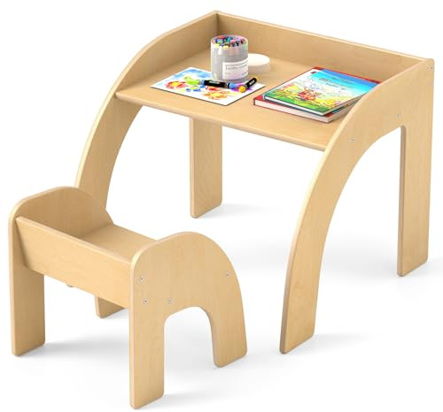 GYMAX Set Tavolo e Sedia per Bambini, in Legno con Altezza Adatta, Ampia Superficie del Tavolo con Parapetto per Mangiare, Disegnare, Leggere, Mobili Montessori per Cameretta, Asilo Nido (Naturale)