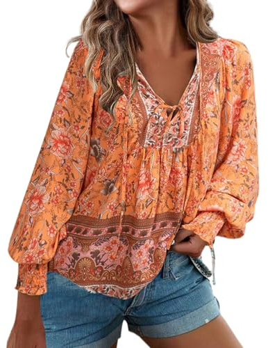 Foweknow Mode méditerranéenne pour femme - Élégant - Style bohème - Motif floral - Tunique à manches longues - Été - Léger et aéré - Chemise de plage décontractée - Col en V - Tenue des années 70