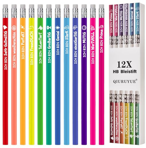 QIURUYUE 12 stycken HB blyertspennor barn, ergonomisk triangel, motivation blyertspennor med suddgummi, lyckobringare barn skola, lyckopenna (motivation, 12)