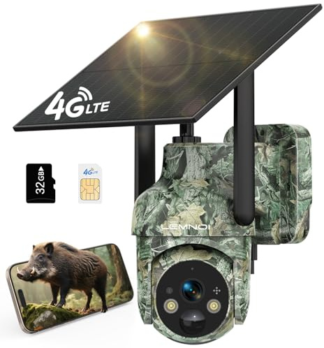 LEMNOI Fototrappola 4G Solare con SIM e Scheda SD Preinstallate, Fotocamera da Caccia con Pannello Solare, Telecamera Esterna 2K PTZ Impermeabile con Visione Notturna a Colori, Rilevamento PIR