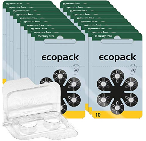 120 x ecopack hörapparatbatterier 10 (gul), 20 x 6 blister PR70 1,4 V förvaringslåda för 2 hörapparatbatterier (alla storlekar), transparent batterilåda för två knappceller upp till 12 mm x 6 mm (Ø x