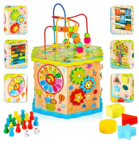 Green series Motorikwürfel | Motorikspielzeug ab 1 Jahr - Modernes Activity Center Baby | Motorikwürfel Holz | Activity Würfel Baby mit Steckspiel und Motorikschleife | Motorikwürfel Baby model GS1105