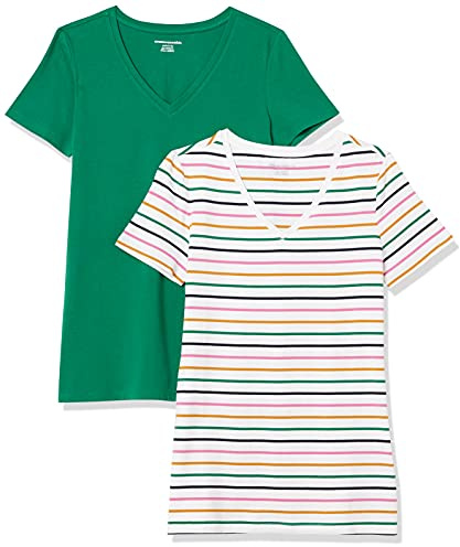 Amazon Essentials Camiseta de Manga Corta con Cuello en Pico y Corte Recto Mujer, Paquetes Múltiples