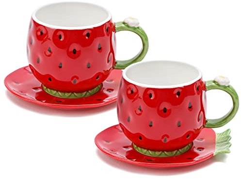Noviko Strawberry Tea Cup and Saucer Coffee Mug Ceramic Coffee Cup with Saucer - 8 oz,Set of 2 (Red)