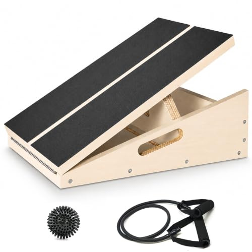 Planche professionnelle inclinée en bois, planche d'inclinaison réglable et étireur de mollet, planche d'étirement avec balle de massage à picots et tube de résistance à l'étirement pour exercice de
