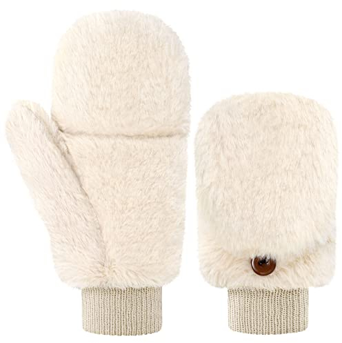 Damen Fäustlinge Pelz Winter Handschuhe Warme Kunstpelz Handschuhe mit Flip Weiche Fell Fingerlose Handschuhe (Beigeweiß)