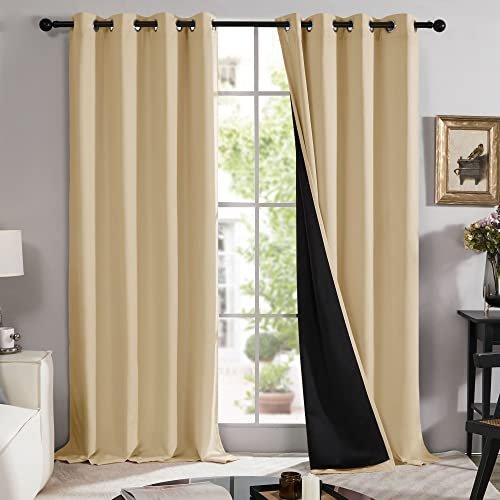 Deconovo Total Blackout Curtains 90 Drop Pair, Eyelet Curtains with Black Liner for Living Room Big Window, 52 W x 90 L, Beige, One Pair