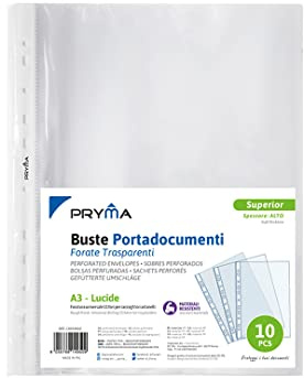 Pryma Busta Forata A3 30x42 cm – Confezione da 10, Trasparente e Lucida, Resistente con Fori Universali per Raccoglitori, Perfetta per Documenti e Disegni