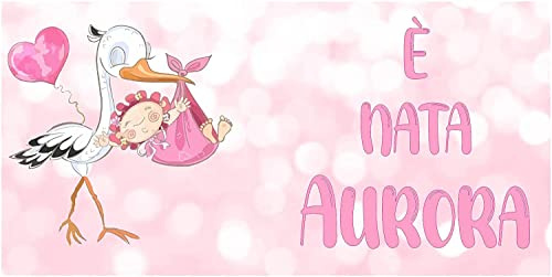 STRISCIONE FONDALE NASCITA CON NOME PERSONALIZZATO - CICOGNA ROSA CON CUORE - IN CARTA O IN BANNER PVC ANCHE DA ESTERNO GARANZIA 5 ANNI (100X50 CM, IN BANNER)