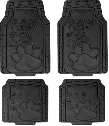 FH Group - Juego Completo de Alfombrillas de Goma Resistentes con Dibujo de Huellas de Mascota, universales, recortables, Resistentes a la Intemperie, para la mayoría de Coches, SUV y Camiones, Negro