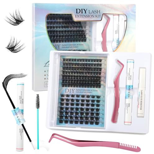 JAMATA Kit di Estensione Ciglia 154pcs Ciglia Finte Cluster, di lunghezza, morbide, Kit Extension Ciglia con Bond And Seal Lashes Glue, Pinzette, Estensioni Ciglia Individuali Naturale (D-Curl)