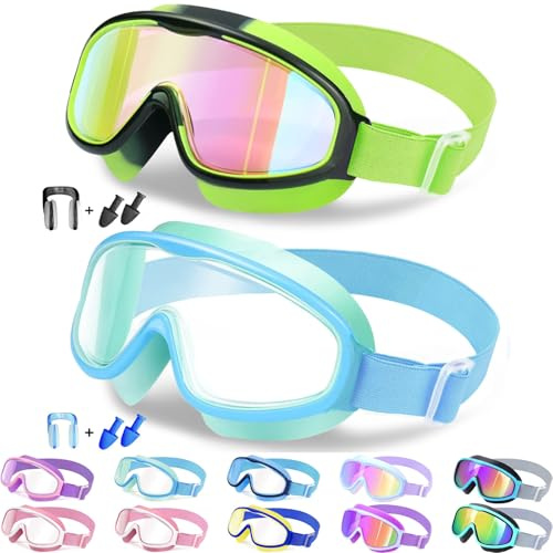 Vvinca Kids Swim Goggles 2 Pack, No Hair Pulling Comfort Fabric Strap Swimming Goggles for Kids Age 3-14, Anti-Fog/UV No Leaking Wide View Swim Mask for Toddler Boys Girls, Summer Pool Essentials