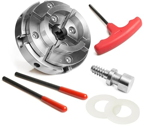 NCK-4M 4 4 Jaw Mini Self-Centering Chuck, Thread 1X8TPI, with NCK-3.75Z-DJDD Dovetail Jaws, Wood Screw, Two Nylon Washers, T Handle Allen