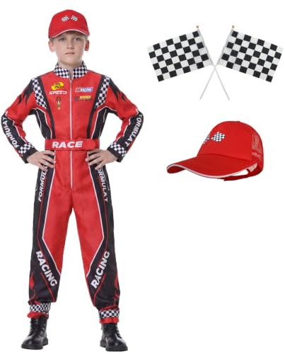 KUKIKUKI Costume de pilote de voiture de course Combinaison de pilote avec casquette Kids Dress Up for Halloween (Rouge, 120)