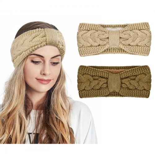 Granvoo 2 Pcs Diadema Invierno Mujer, Calentador de Orejas de Invierno, Diadema de Punto Cálido, Calentitas Diadema Deportiva de Invierno, Vellón Diademas de Punto, Bandas Gruesa para el Pelo