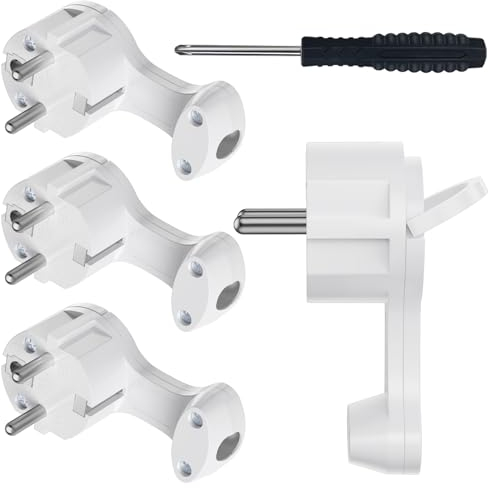 Schuko Stecker, Flachstecker Flach, Winkelstecker 230V, Stromstecker mit Klappgriff, Schutzkontakt-Stecker, Spritzwassergeschützt und Langlebig, IP44, Bruchfest, Weiß - 4 Stücke - White