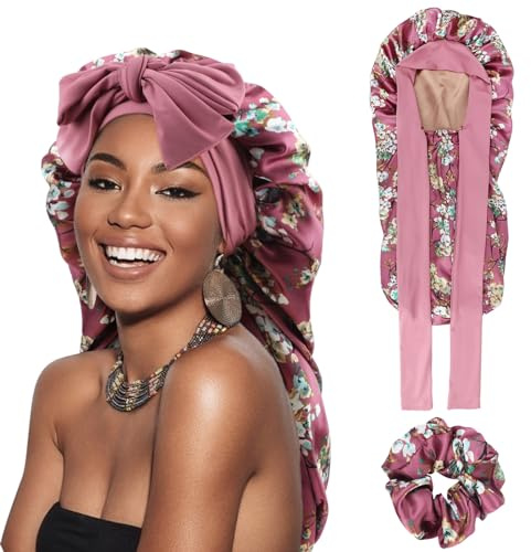 DRESHOW Bonnet Long en Satin Tressé pour Femme - Bonnet de Sommeil en Soie avec Bande Élastique pour Cheveux Longs, Bouclés et Locs