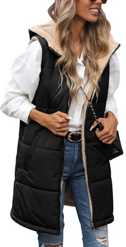 Tuopuda Women's Quilted Gilets Long Fleece Zip Up Padded Vest Ladies Long Hooded Gilets Bodywarmers Winter Vest for Women Waistcoat Sleeveless Jacket Outerwear (Black,XXL)