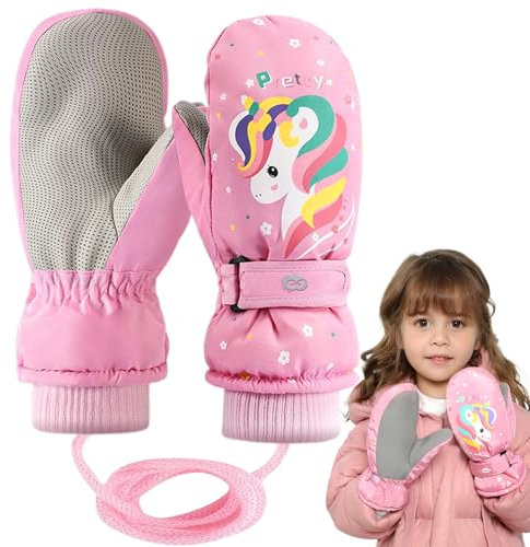 LOEPENLE Winter Kinderhandschuhe, Kinder Skihandschuhe, Wasserdicht, Cartoon-Design, Rosa, Für Mädchen & Jungen, Alter 6-12 Jahre