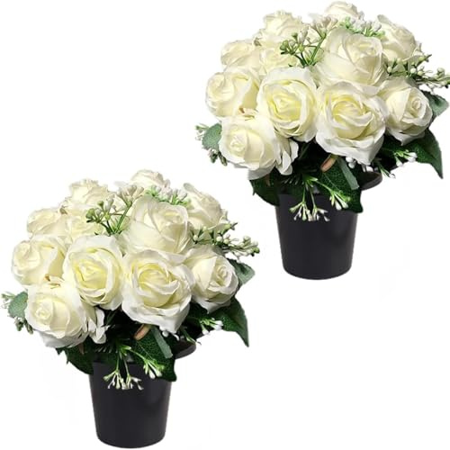Etomvoop 2 fiori artificiali in vaso, 12 rose artificiali per funerale, decorazione natalizia per cimitero commemorativo