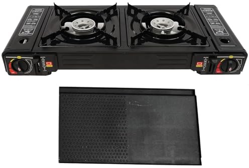Hornillo de camping portátil de 2 quemadores de butano para exteriores, con placa para barbacoa, para picnic