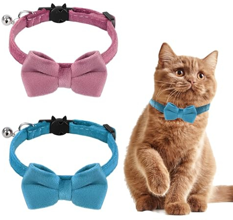DHWEKU Lot de 2 Colliers en Velours pour Chat avec Clochette et nœud Papillon, Colliers réglables pour Chat, Chaton, Petit Chiot, nœud Papillon de sécurité, Couleur Unie, pour Mariage