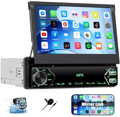 CAMECHO Autoradio 1 DIN 7 Pulgadas Pantalla Táctil HD Manual Extensible Radio Bluetooth con Cámara Trasera, Mirror Link FM Control del Volante 2USB AUX Tipo-C Retroiluminación