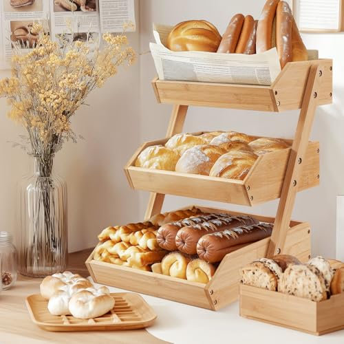CROWNSHOP 3-Tier Bamboo Fruits Basket Fruits Bowl Holder Bread Basket Vegetable Fruits Holder Organiser for Kitchen Home Decorative Storage