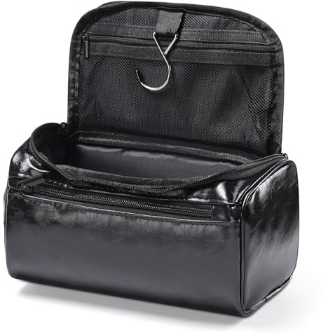 Leather Toiletry Bag, Etercycle Hanging Wash Bag PU Travel Toiletry Case Waterproof Bathroom Bag for Men and Women Travel Makeup Organizer (Jet Black)