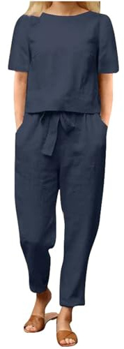 Completo Donna Estivo Lino Taglie Forti Elegante Casual Tute Da Ginnastica Cotone E Lino Coordinato Estivo Camicia E Pantaloni Jogging Palestra Set Due Pezzi Comodo Maniche Corte Curvy Tuta Da Casa