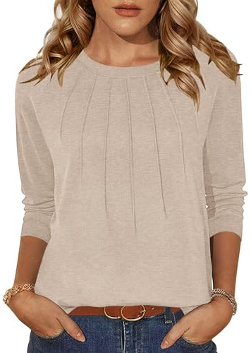 Zeagoo T-Shirt à Manches Longues Femme Col Rond Élégant Tshirts Couleur Unie Tuniques Haut Automne Beige L