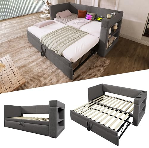 Kebnor Letto giornaliero imbottito, divano letto singolo con letto estraibile, braccioli con porta di ricarica USB e Type-C e porta bevande, tessuto misto lino, senza materasso. (grigio, 90 x 200 cm)