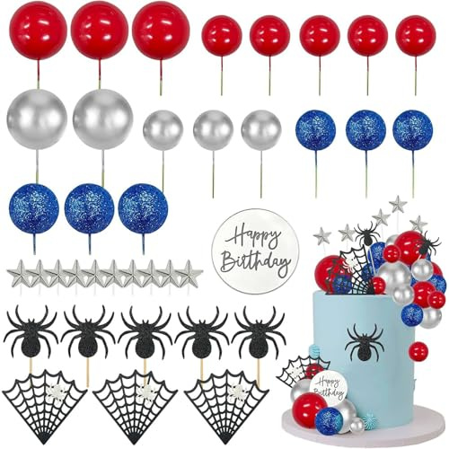 FOSDICK Decorazioni Torta Compleanno Ragno, 37 Pezzi Decorazioni per Torte Ragnatela Stella Rosse Argento Blu Palline Happy Birthday Cake Topper, Ragno Decorazione Torta Compleanno per Ragazzi Feste