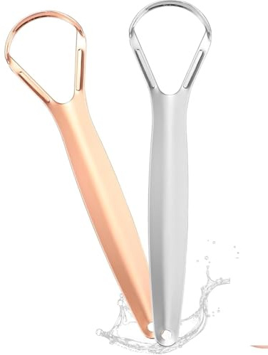 Raspador De Lengua Acero Inoxidable 2PCS Plata Y Oro Rosa, Limpiador Lengua Adultos, Tongue Scraper Metálico Ergonómico Para Mal Aliento E Higiene Bucal