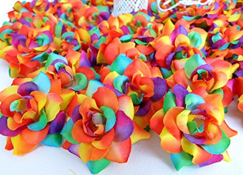 ICRAFY 24 Silk Rainbow Roses Flower Head - 1.75 - Artificial Flowers Heads Fabric Floral Supplies for Wedding Flowers Accessories DIY Make Bridal Hair Clips Headbands by You.