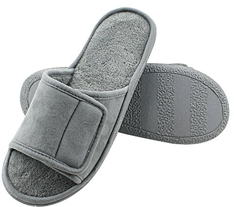 Magtoe Men's Open Toe Slippers - Adjustable Closure Strap Home Indoor Slides Shoes Memory Foam Summer Micro Suede Slippers, Grey, X-Large(13-14)
